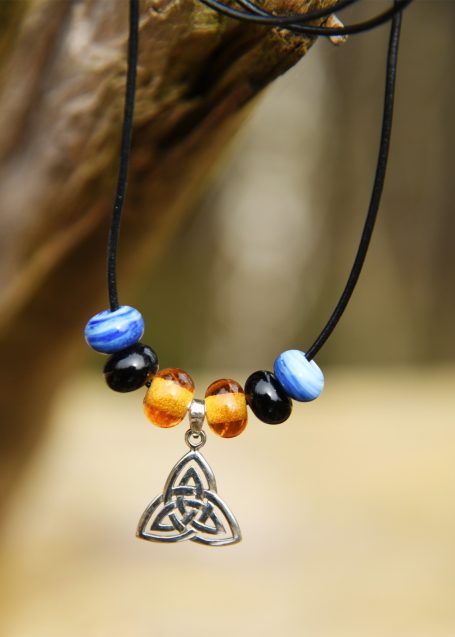 Glass bead necklace with Trinity pendant, Viking‑style jewellery.