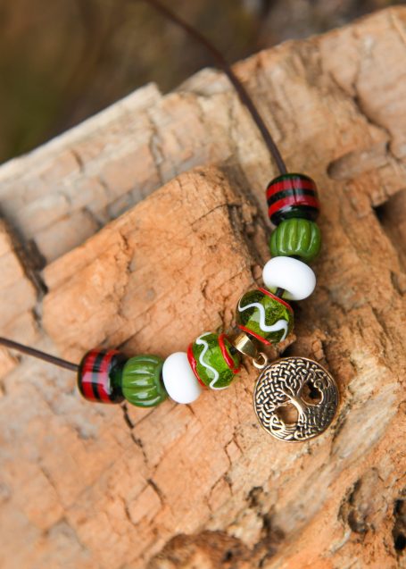 Glass bead Viking necklace with Yggdrasil pendant, Norse jewellery.